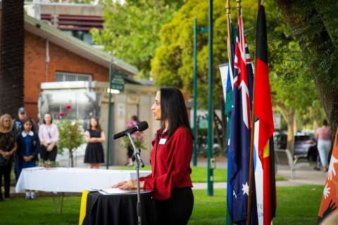Greater Shepparton Mayor Cr Seema Abdullah speaking at the Apology Breakfast, held at the Queen's Gardens on Thursday 13 February 2020.