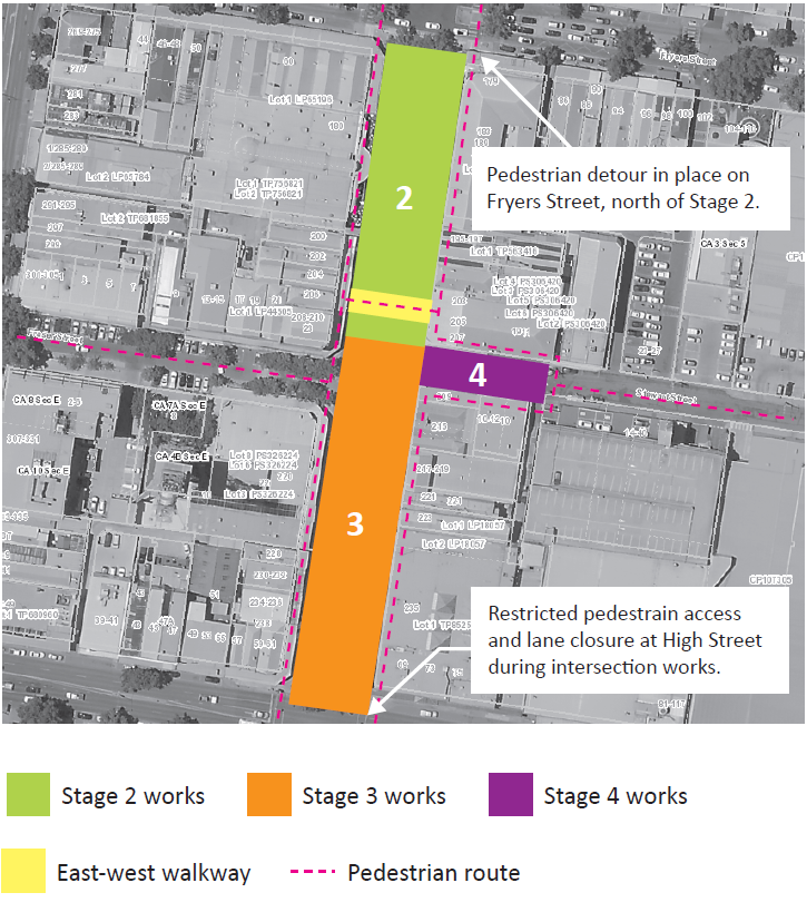 Map of Maude St Mall showing current stages of works and pedestrian access.
