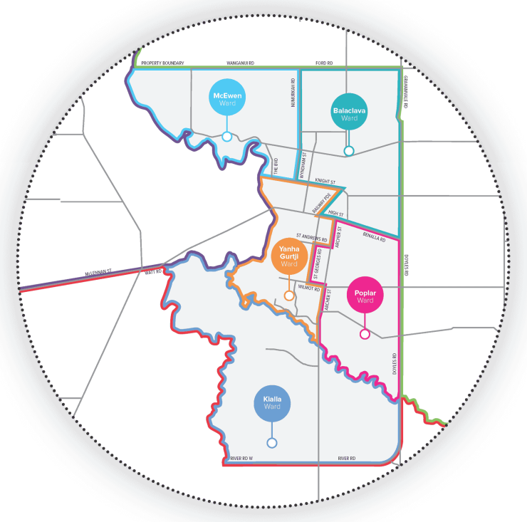 Map zoomed into Shepparton to show the boundaries of the five inner wards.