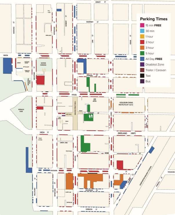 View an enlarged image of the Shepparton Parking Map, or download from this page in PDF format.