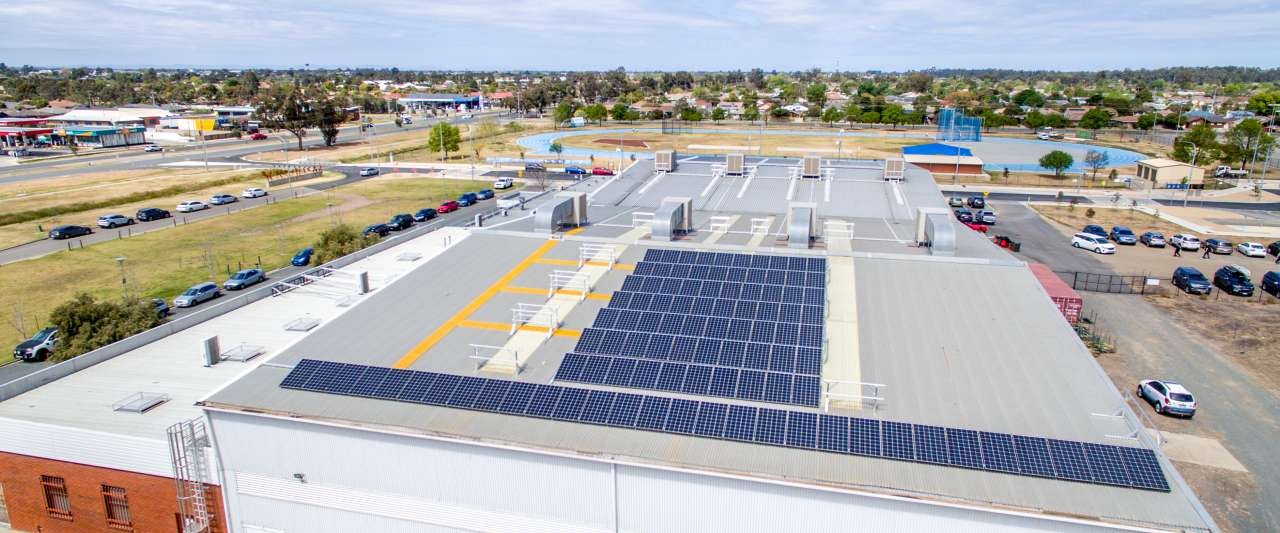 Solar panels installed at the Shepparton Sports Stadium in 2018