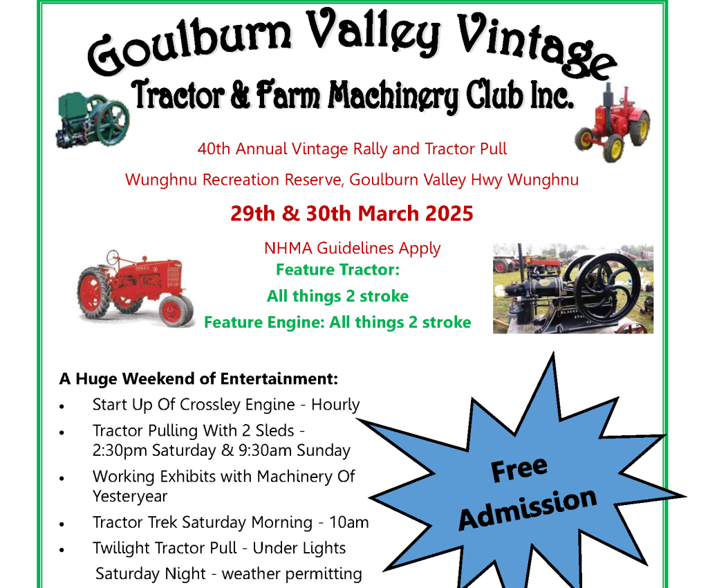 Cover image for event - Goulburn Valley Vintage Tractor & Farm Machinery Club 40th Annual Vintage Rally and Tractor Pull