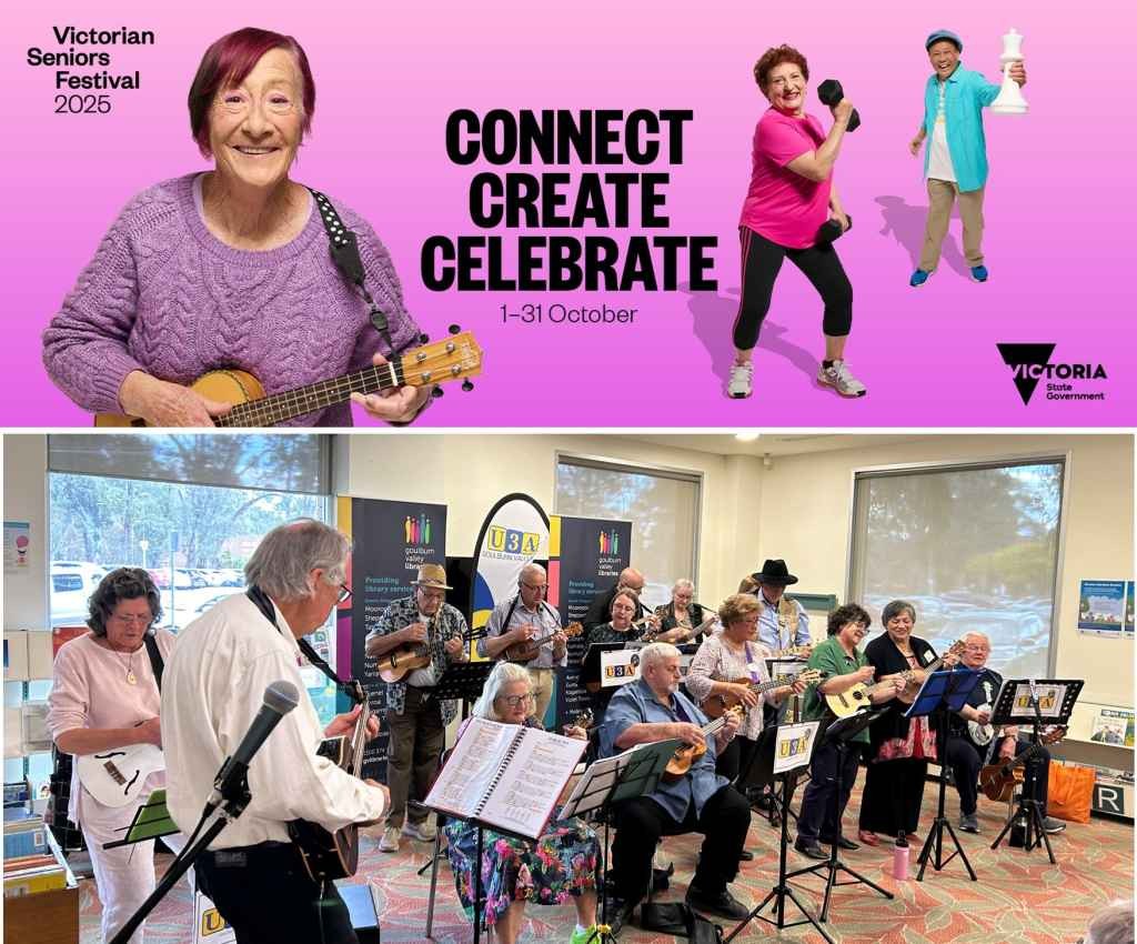 Cover image for event - Victorian Seniors Festival - Uke3A Ukulele Show at Shepparton Library