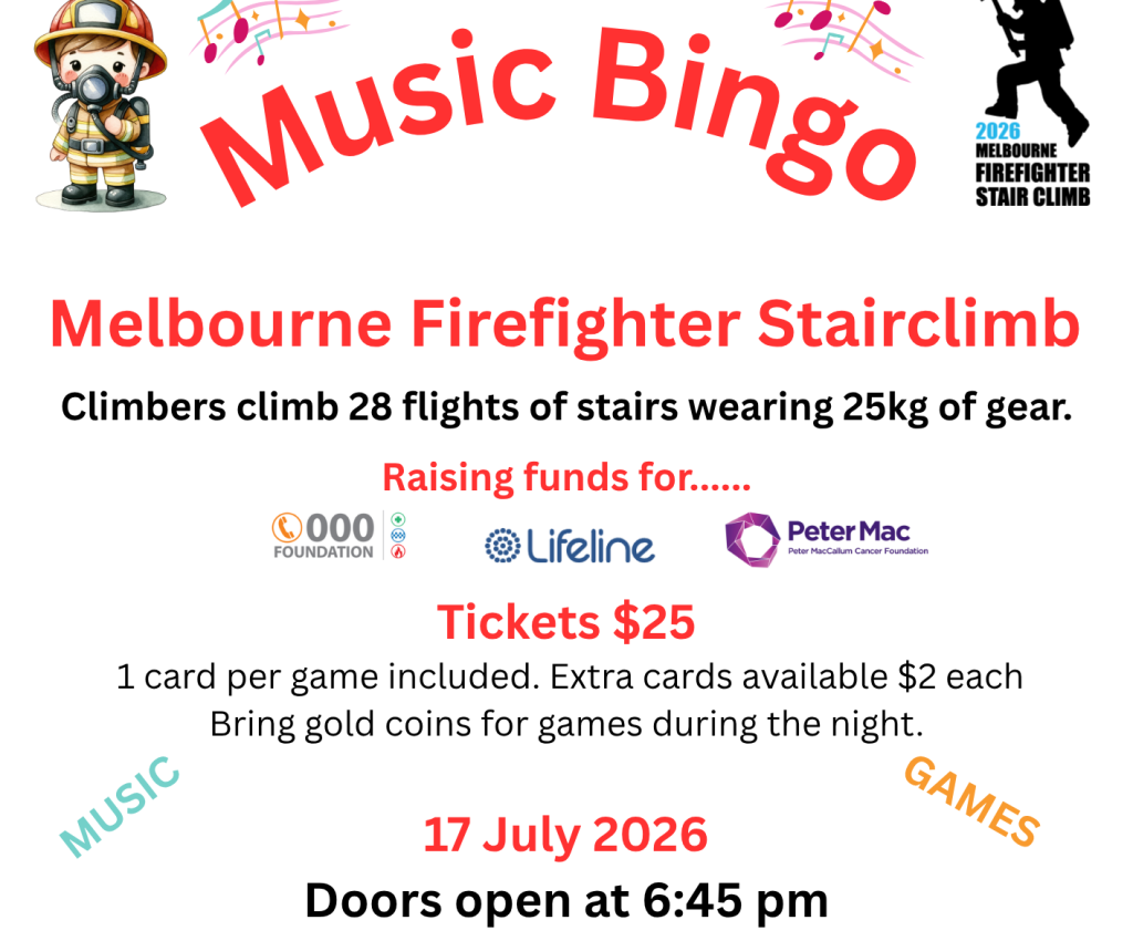 Cover image for event - Melbourne Firefighter Stair Climb 2026 Music Bingo Fundraiser