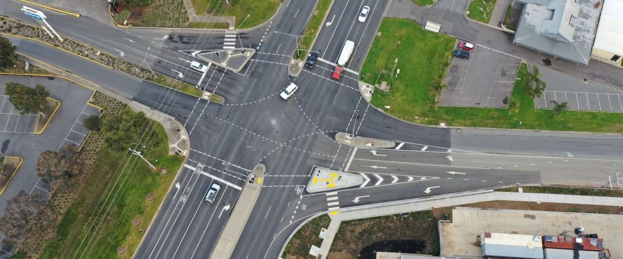 Aerial drone photos of a road intersection