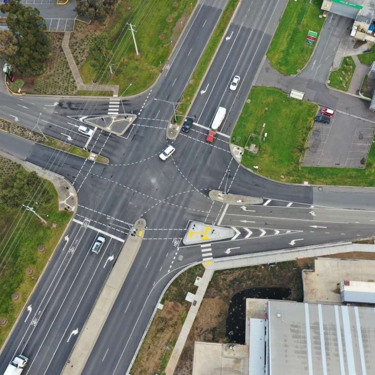 Aerial drone photos of a road intersection