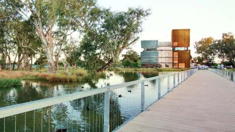 An artist's conception of a new Shepparton Art Museum at Victoria Park Lake