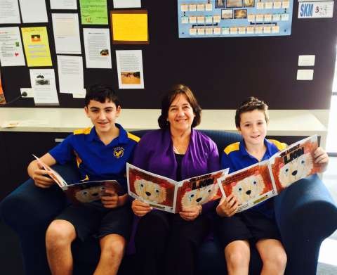 Cr. Jenny Houlihan with the 2014 Story writing competition winners Drew Loveridge and Jordan Clothier Harris from Bourchier Street Primary School 