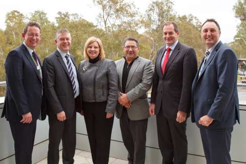 (From Left) GSCC CEO Gavin Cator, Shadow Minister for Roads and Infrastructure & Industry MP Ryan Smith, Member for Northern Victoria Wendy Lovell MLC, GSCC Cr Dinny Adem, Parliamentary Secretary for Rural and Regional Transport MP Simon Ramsay, GSCC CR Michael Polan. 