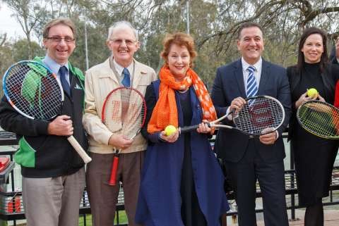 From left, Malcolm Thiel, President Shepparton Lawn Tennis Club; Pat Maloney, Tennis Senior Australia Secretary; Suzanna Sheed, Independent MLA for Shepparton; the Hon John Eren, Minister for Sport, Tourism & Major Events; and Jaclyn Symes, Member for Northern Victoria at the funding announcement today. 