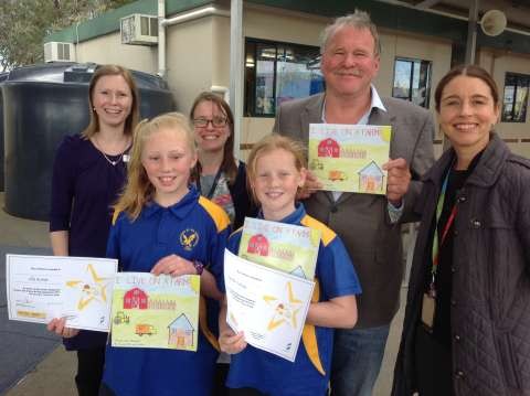 Winning authors Danielle Tolliday and Ella Rohde with Emma Kennedy and Jessica Anderson from the GV Library, GSCC Mayor Cr Dennis Patterson and GSCC Best Start Project Officer Belinda Whitelaw,  
