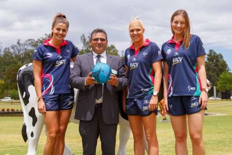 GSCC Mayor Dinny Adem with Melbourne Vixens Kate Moloney, Chloe Watson and Alice Teague-Neeld at the announcement of the ANZ Championship pre-season netball match in Shepparton on Saturday 5 March 2016.