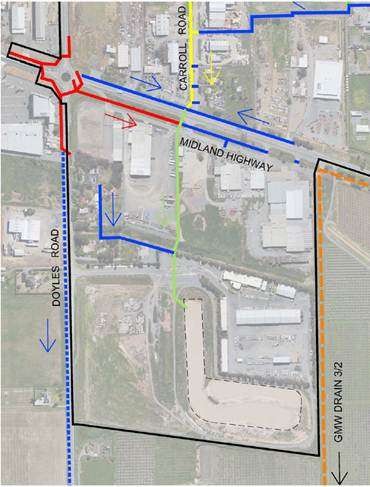 The drainage pipeline works are shown in green with VicRoads drainage in red lines above.  The blue lines show proposed future drains that are part of the Shepparton East Drainage Special Charge Scheme should it proceed following VCAT orders next year.