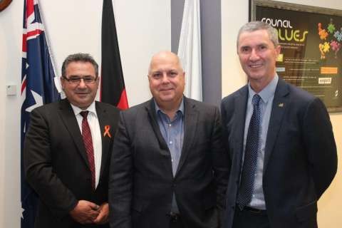 GSCC Mayor Cr Dinny Adem with State Treasurer Tim Pallas and GSCC CEO Peter Harriott during today's visit.