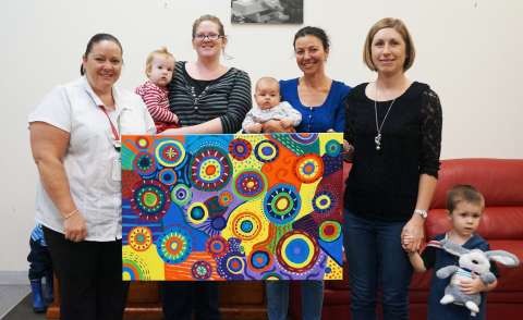 Rosie Henry, Breastfeeding Cafe Facilitator and Maternal and Child Health Nurse with Tegan White and Lexie, Alicia Niglia and Lily and Kellie Elliot and Toby.
