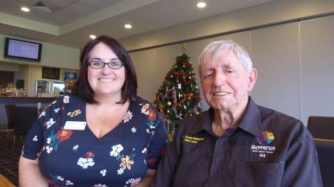 Greater Shepparton City Council Tourism Coordinator Maree Glasson, with Visitor Information Centre volunteer of 25 years Bill Brown. 