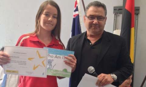 Tahlia Bourke from Orrvale Primary School with Greater Shepparton Mayor Cr. Dinny Adem.