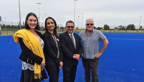 Cr Fern Summer, Cr Seema Abdullah, Mayor Dinny Adem and Cr Chris Hazelman at the opening of the new multi-purpose synthetic field, Greater Shepparton Regional Sports Precinct. 