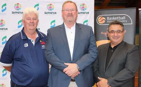 Greater Shepparton Basketball Association Manager Tony Long, Manager of Basketball Victoria Country David Huxtable and Greater Shepparton Mayor Dinny Adem.