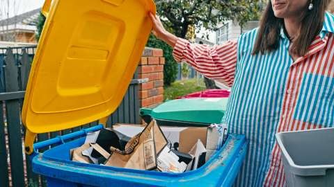 Council's kerbside waste services contract includes the collection for the red lid general waste, yellow lid comingled recyclables, green lid Food Organics Garden Organics (FOGO) and purple lid glass material. 