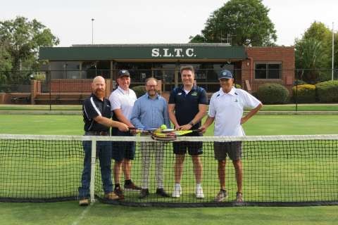 From left to right: Councillor Kieron Eddy, representing the Mooroopna Lawn Tennis Club; Michael Turnbull from the Mooroopna Lawn Tennis Club; Deputy Mayor, Councillor Anthony Brophy; Sam Watson from Tennis Victoria; and Ian Grose from the Shepparton Lawn Tennis Club.