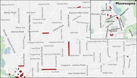 Map showing locations of resurfacing works in Mooroopna.