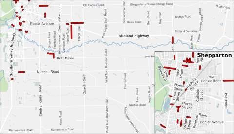 Map showing locations of resurfacing works in Shepparton.