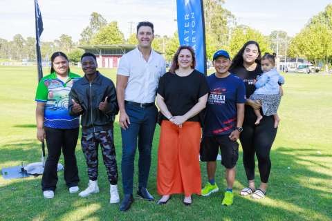 Pictured left to right: Point of Difference Studios' Ofeira Satele, Performer Jonathan Junior, Mayor Cr Shane Sali, Shepparton Festival Director Kristen Retallick, Yum Yum May owner Daniel Lim and Shepparton Festival team member Ree Peric. 