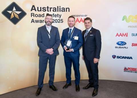 Council's Manager - Engineering and Assets, Ben Gannon (middle), accepting the award on behalf of Greater Shepparton City Council at the 14th Annual Australian Road Safety Awards. On the left is Chris Beston - Head of SHEQ at ELGAS, and on the right is Russell White - Founder and Chair at the Australian Road Safety Foundation.