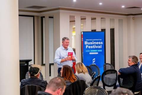 Tom Potter, founder of Eagle Boys Pizza, speaking at the Greater Shepparton Business Festival.