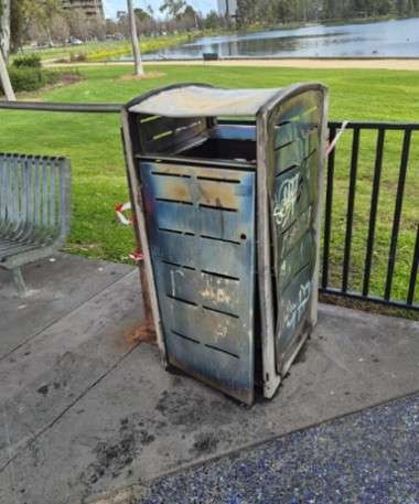 Burnt/melted bins at the Victoria Park Lake Shepparton 