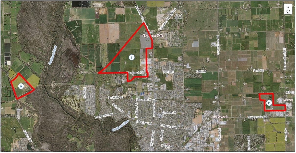 Aerial map showing Industrial Investigation Areas 7, 9 and 11.